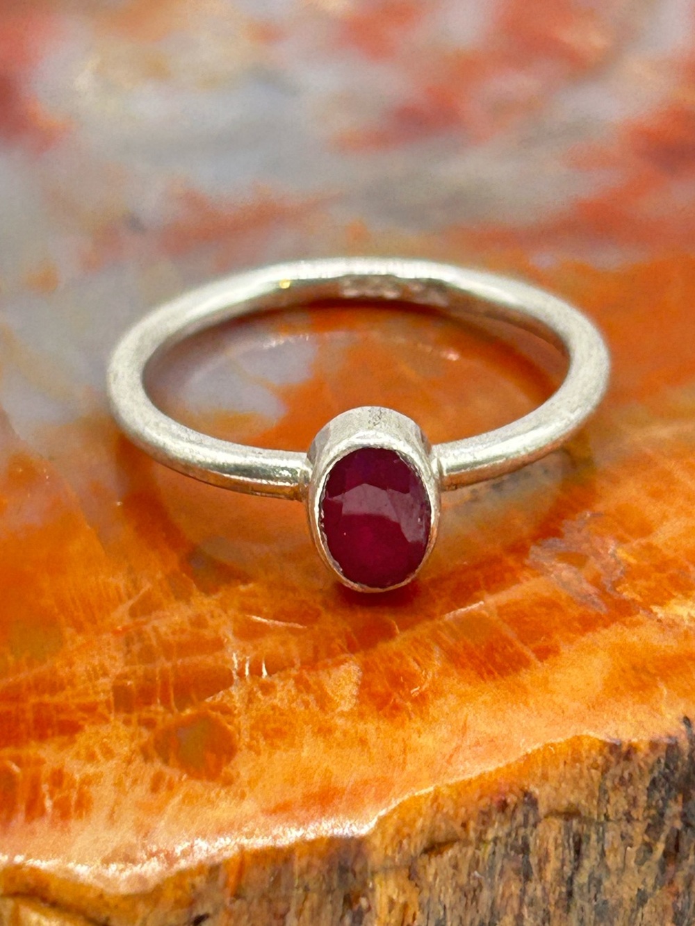 Minimalist Sterling Silver Faceted Ruby Ring - Size 6